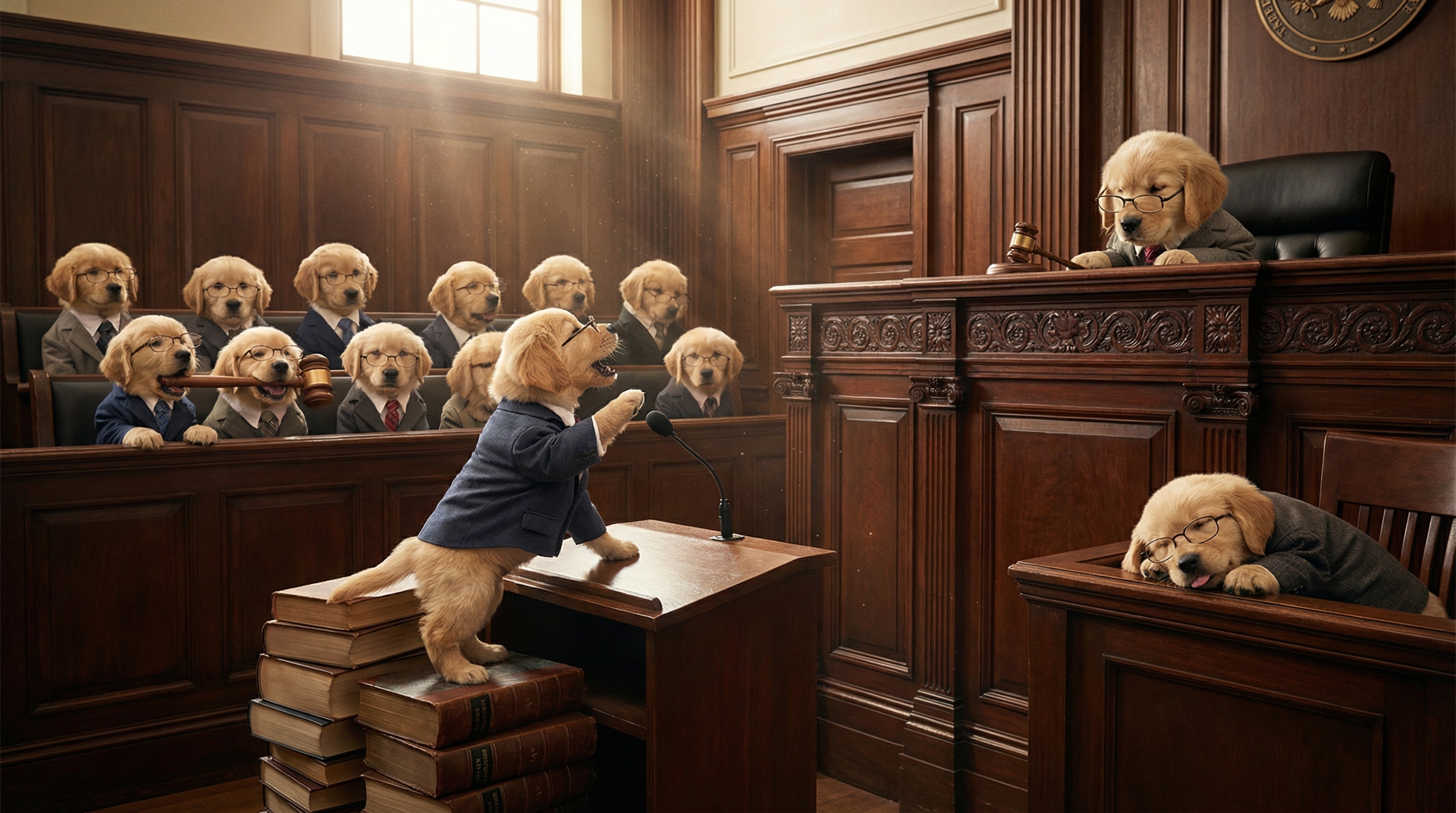 Photorealistic courtroom drama scene with ALL golden retriever puppies as lawyer…