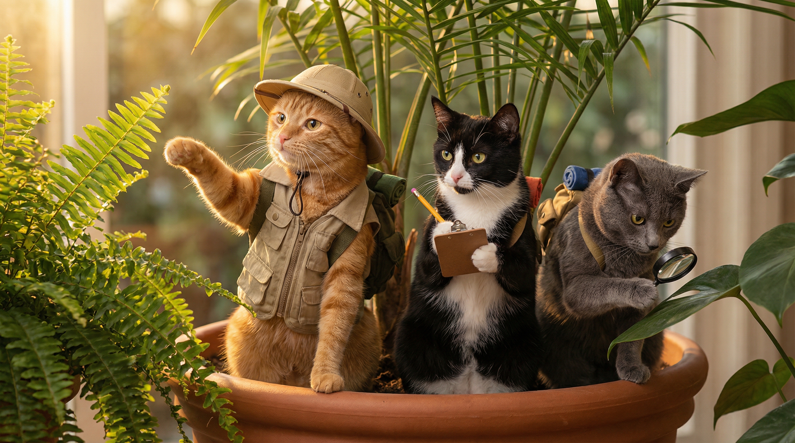 Three cats on a jungle expedition exploring a potted houseplant. Orange tabby ca…