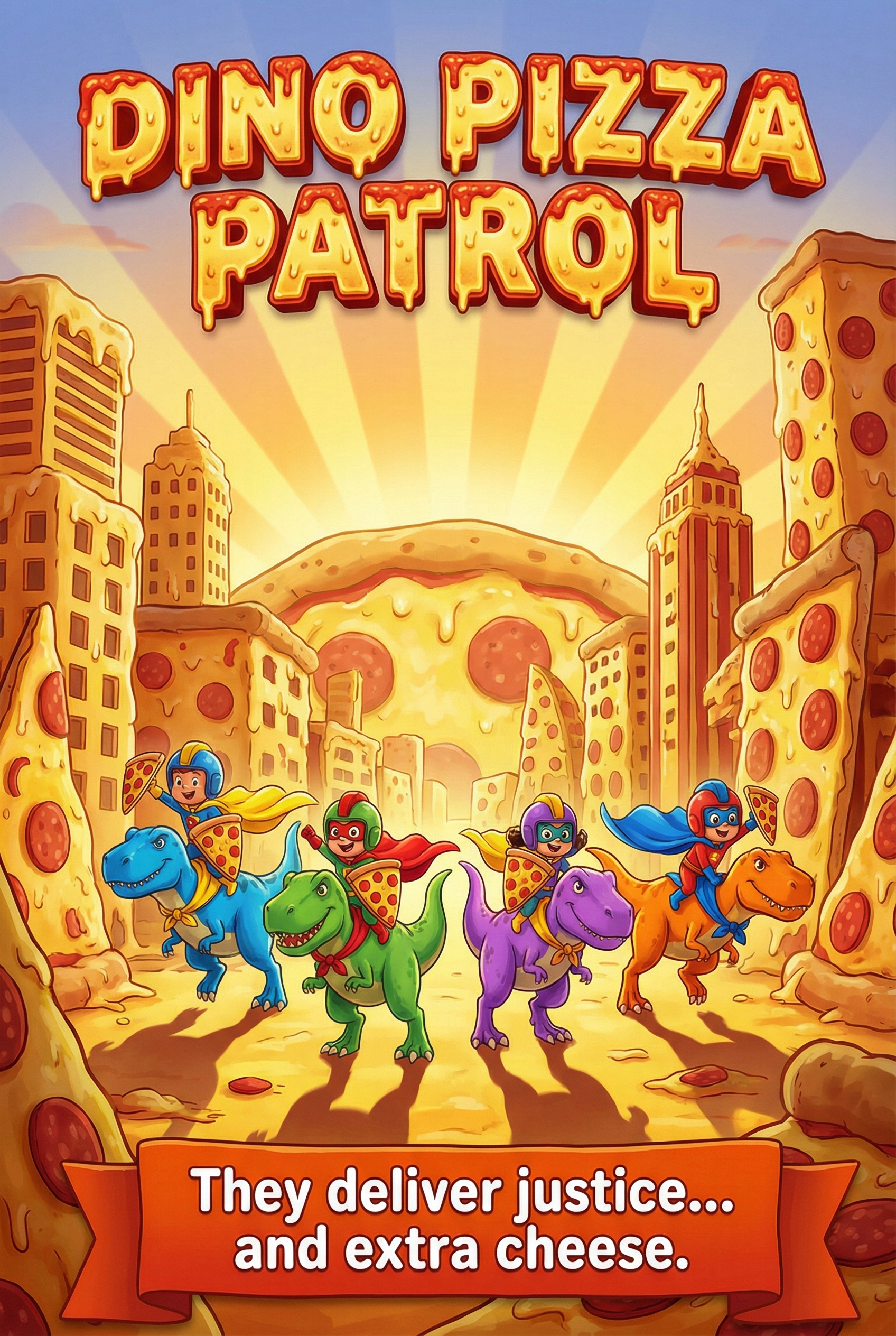 Hilarious kids movie poster for "DINO PIZZA PATROL" - adorable tiny kid superher…